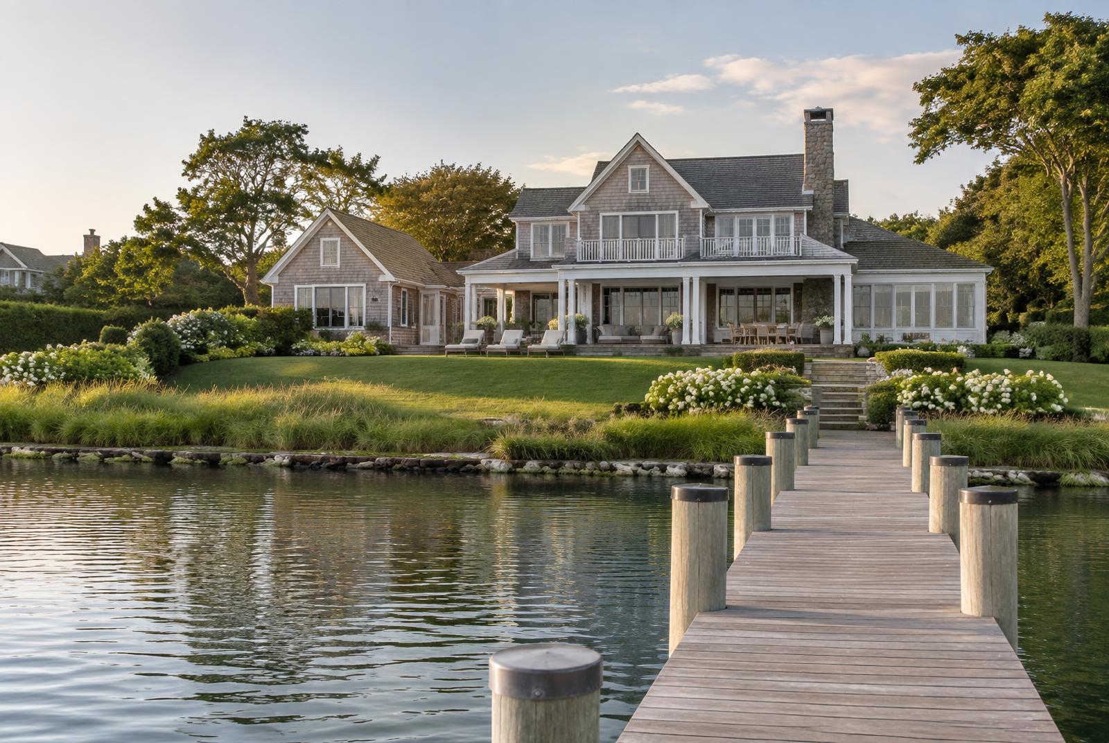 Cedar-shingle Hamptons waterfront home viewed from a private dock