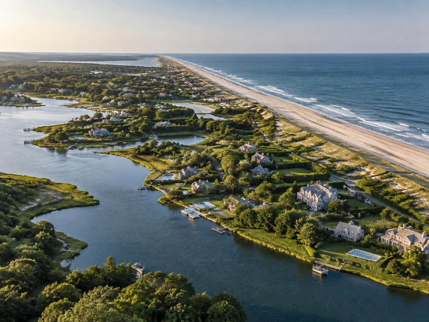 Aerial view of a Hamptons village and shoreline in soft light