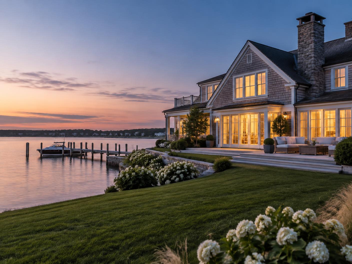 Hamptons waterfront home at dusk seen across calm bay water